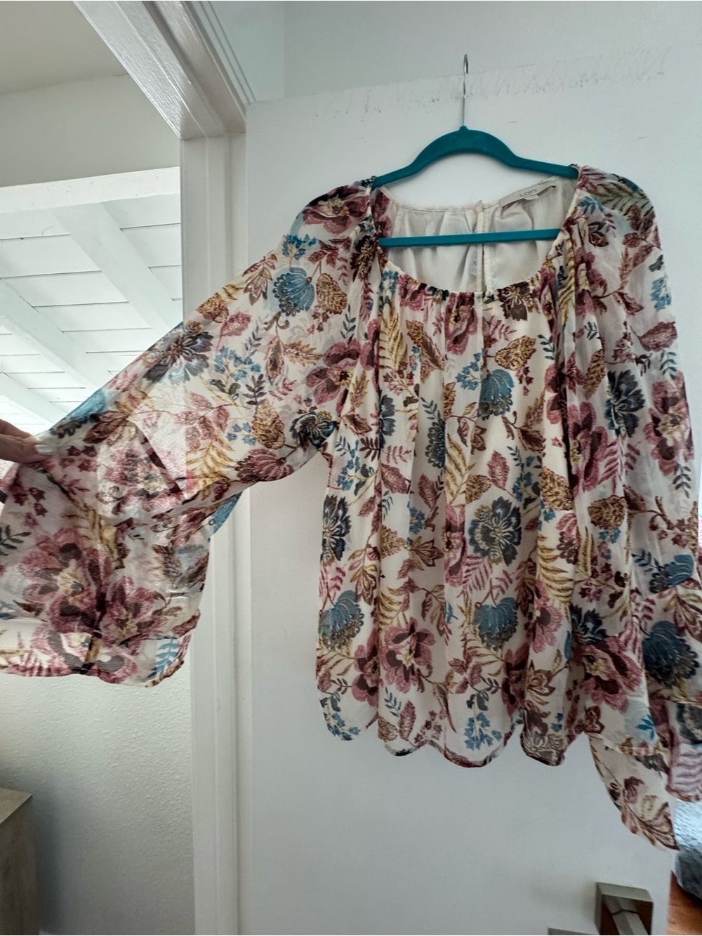 LOFT Cream Floral Peasant Blouse with Teal & Mauve Accents - Picture 2 of 5